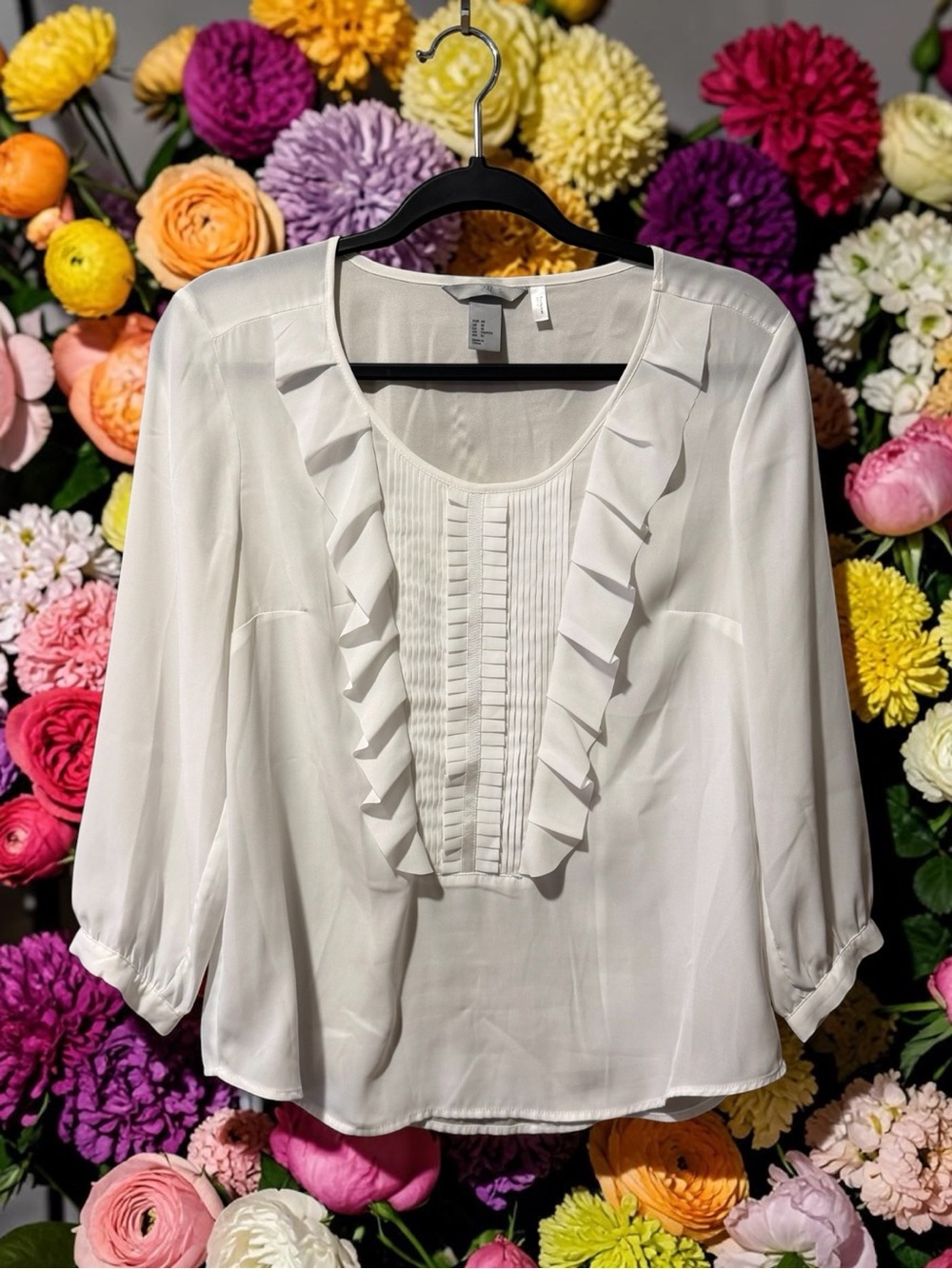 H&M White Ruffle Front Blouse with Pintucking Detail